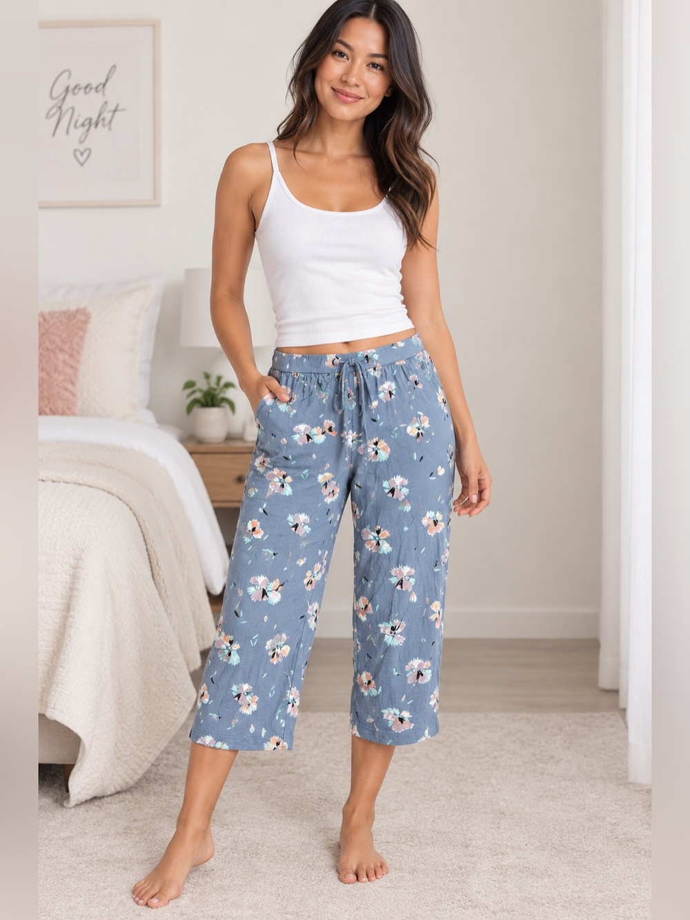 Ambrielle SLEEPWEAR Loungewear pajama pant elastic waist gray blue floral LARGE